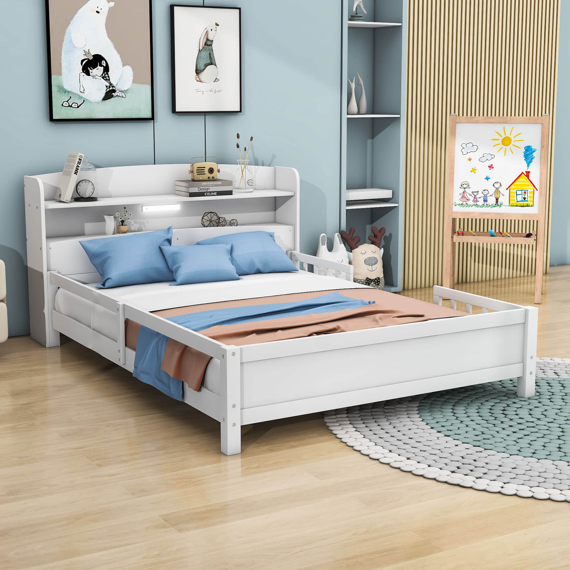 Wood Full Low Kids Platform Bed Frame with Rails and Storage Headboard