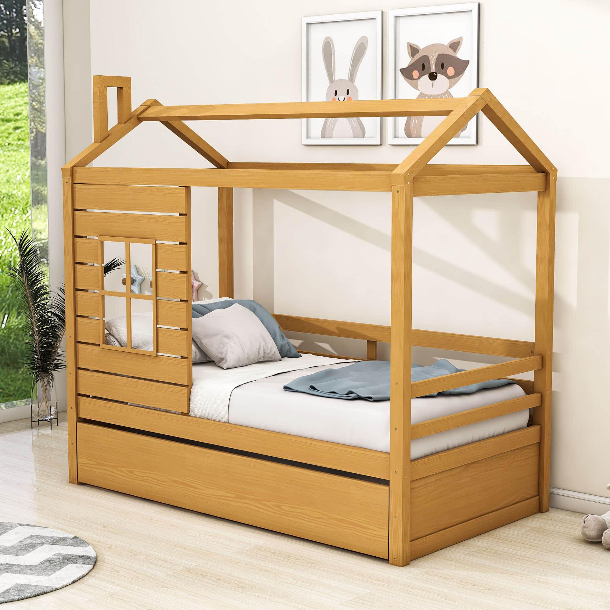 Kids Twin House Bed with Twin Trundle Bed and Rails