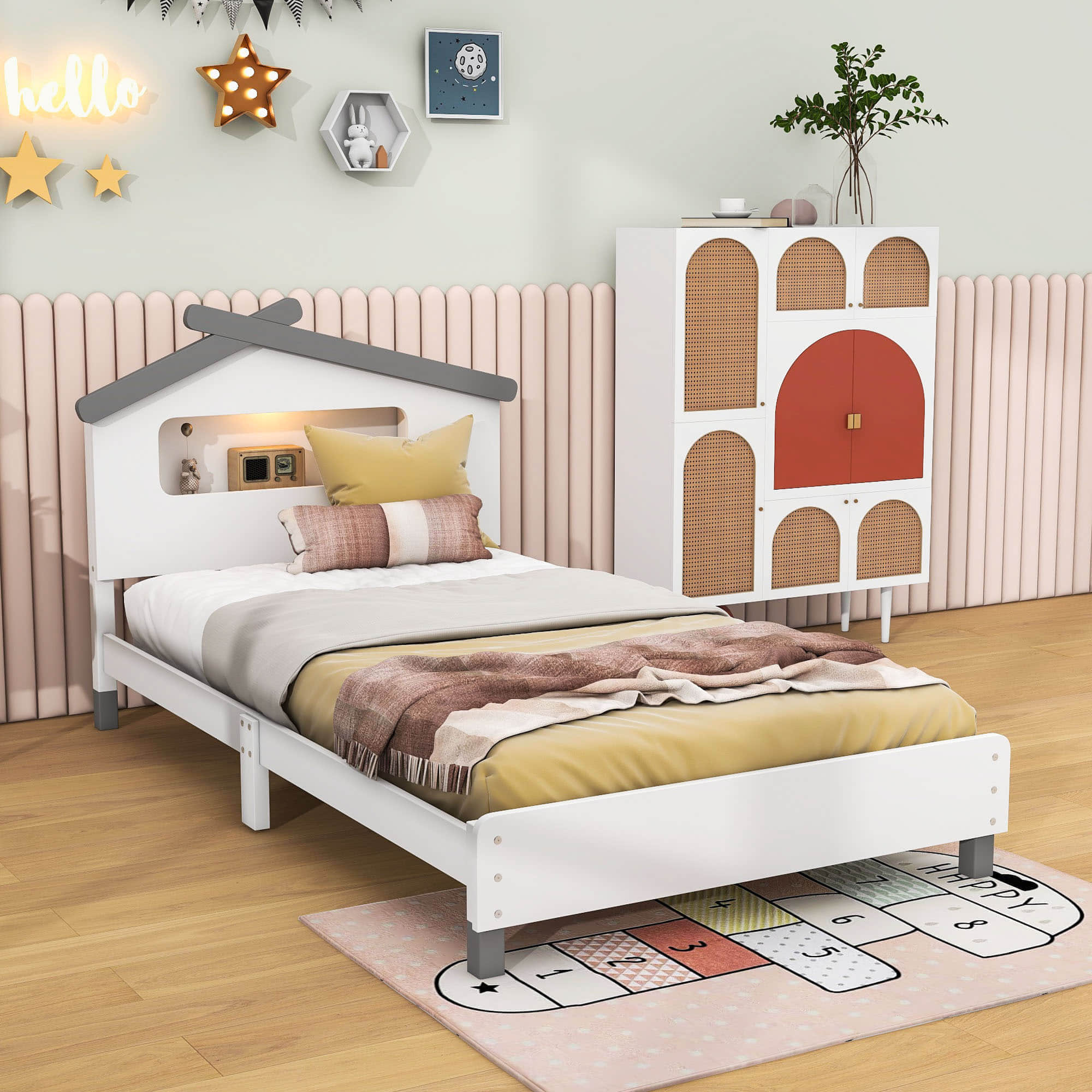 Kids Twin Platform Bed with House-Shaped Headboard and LED Lights