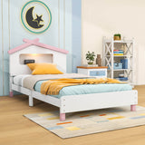 Kids Twin Platform Bed with House-Shaped Headboard and LED Lights