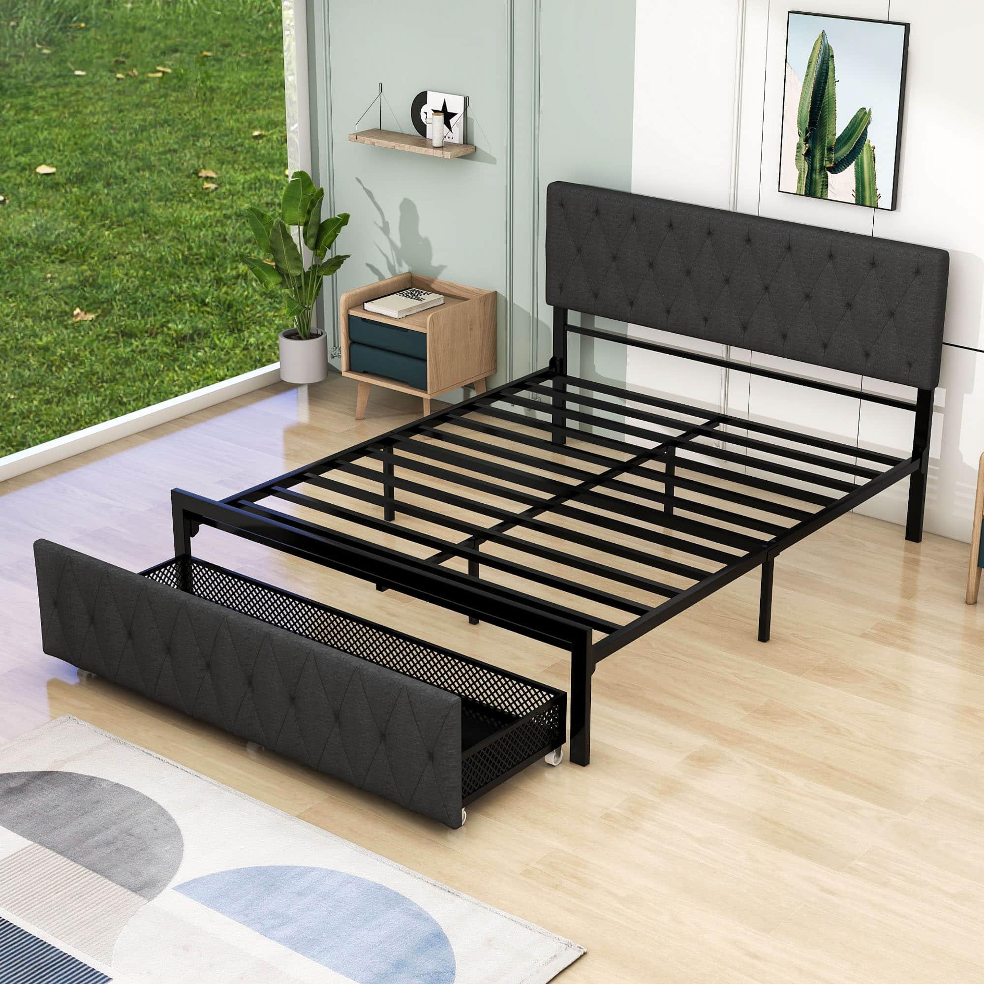 Metal Queen Size Upholstered Storage Bed with Headboard and Drawers