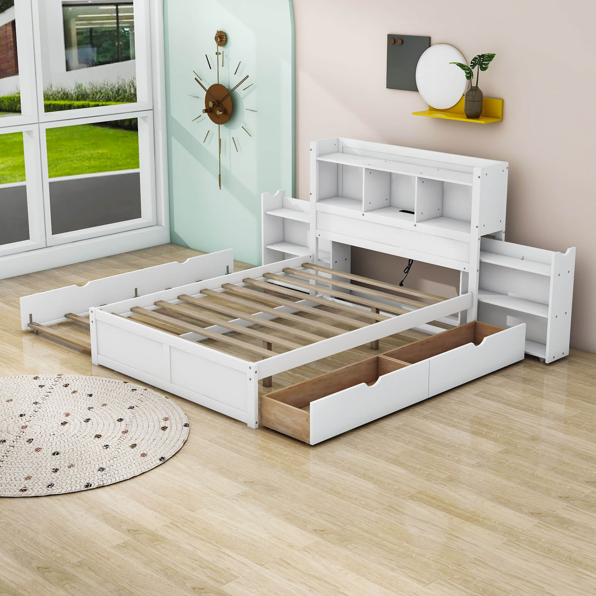 Full Platform Bed Frame with Twin Trundle Bed and Storage Headboard