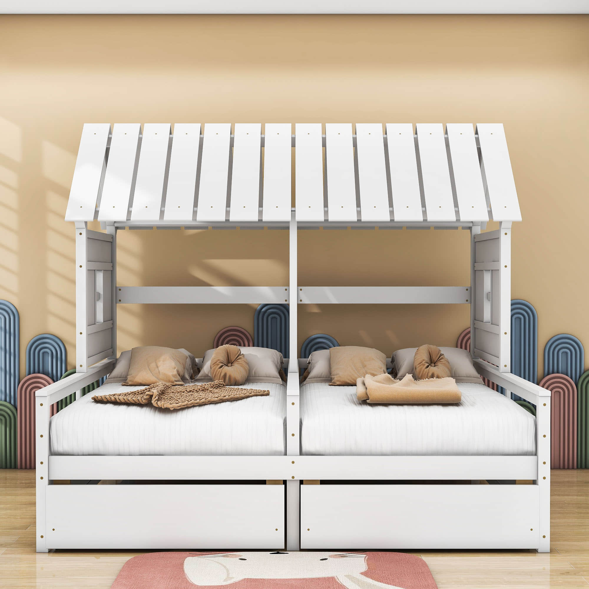 Wooden Double Twin Size House Platform Beds with Storage for 2 Kids