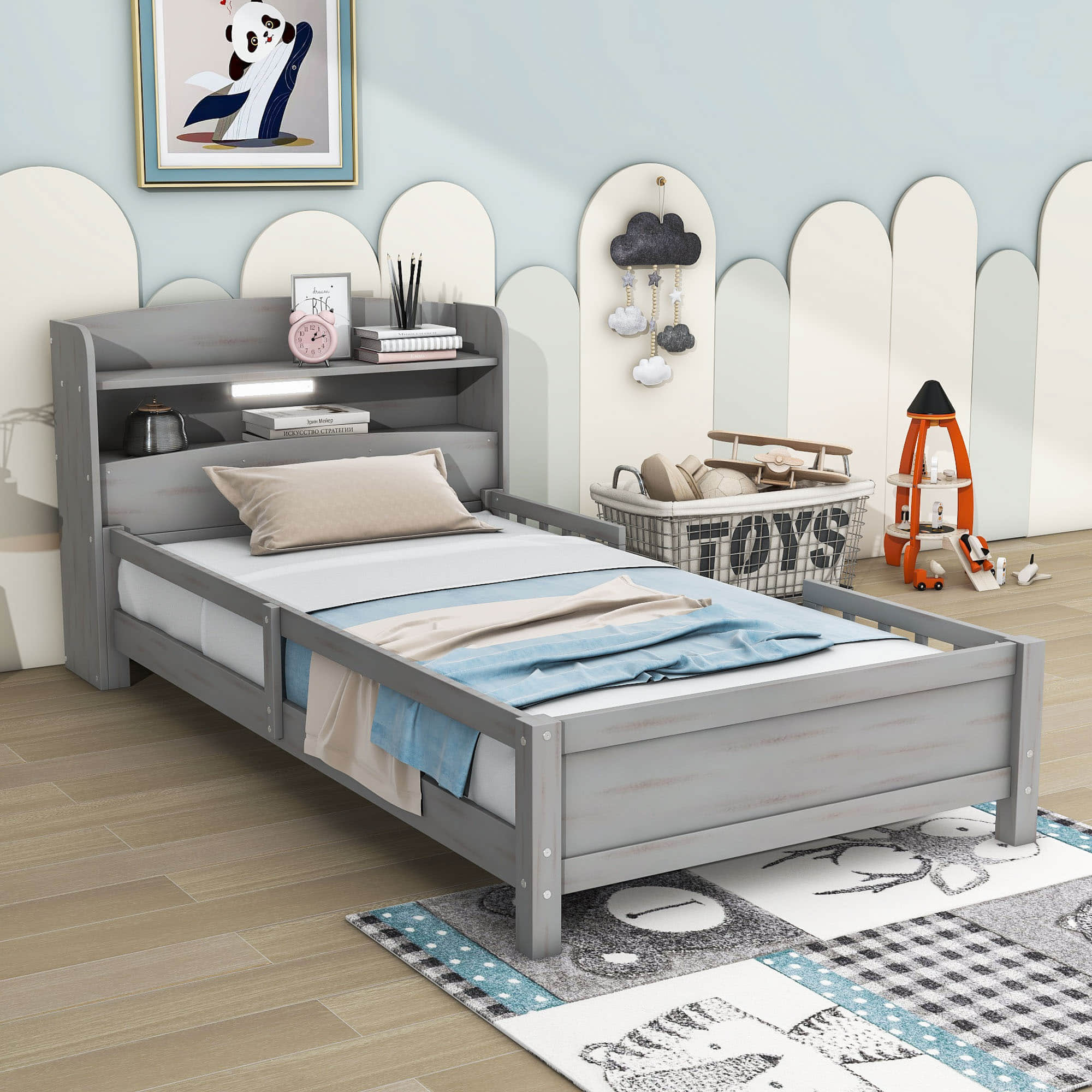 Low Twin Kids Platform Bed Frame with Rails and Storage Headboard