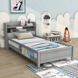 Low Twin Kids Platform Bed Frame with Rails and Storage Headboard