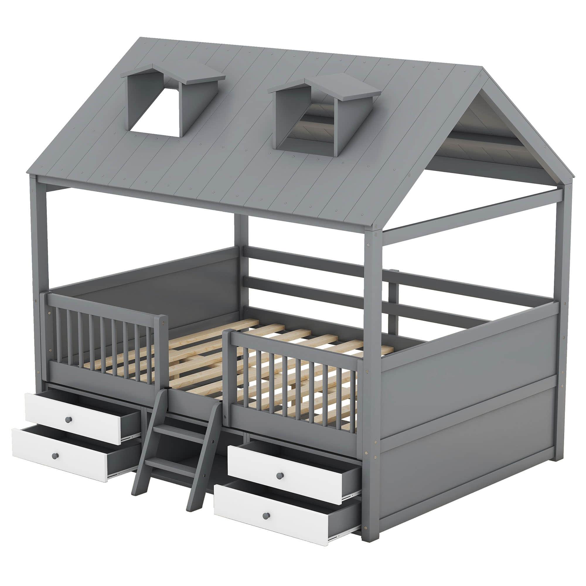 Low Full Size Loft House Bed with Storage for Kids, Toddler - [Wooden]