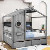 Kids Wooden Full Size House Bed with Storage Drawers, Shelves