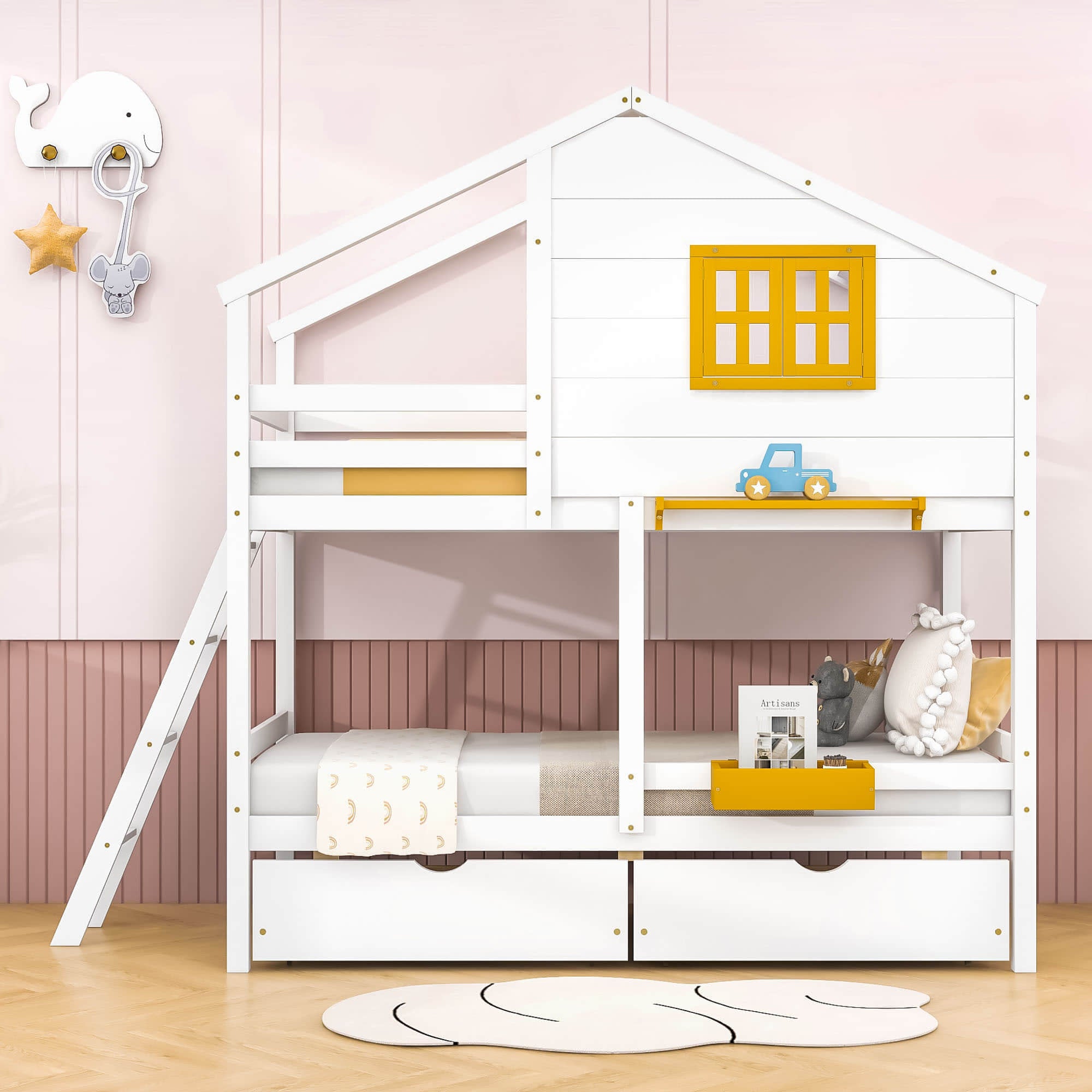 Wood Twin Over Twin Kids House Bunk Beds with Storage - [Drawers, Shelf]