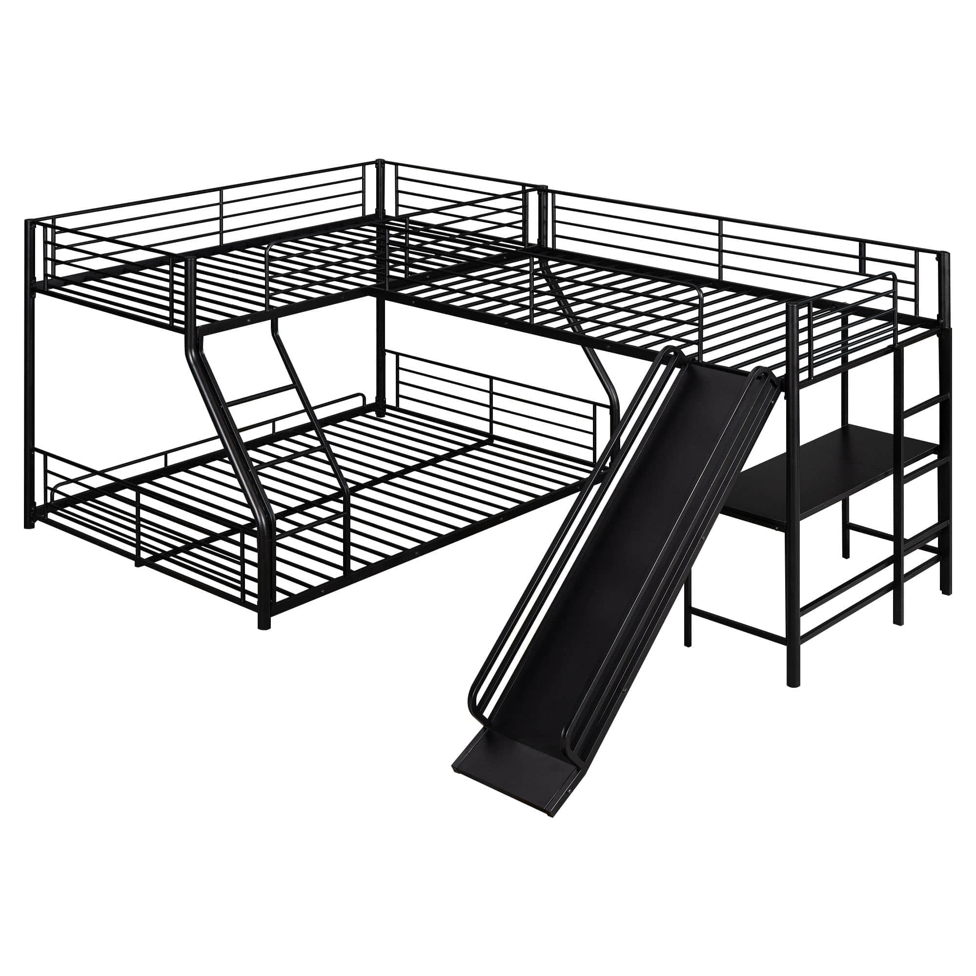 Low Twin Over Full Loft Triple Bunk Beds with Desk and Slide for Kids Toddler - [Metal]