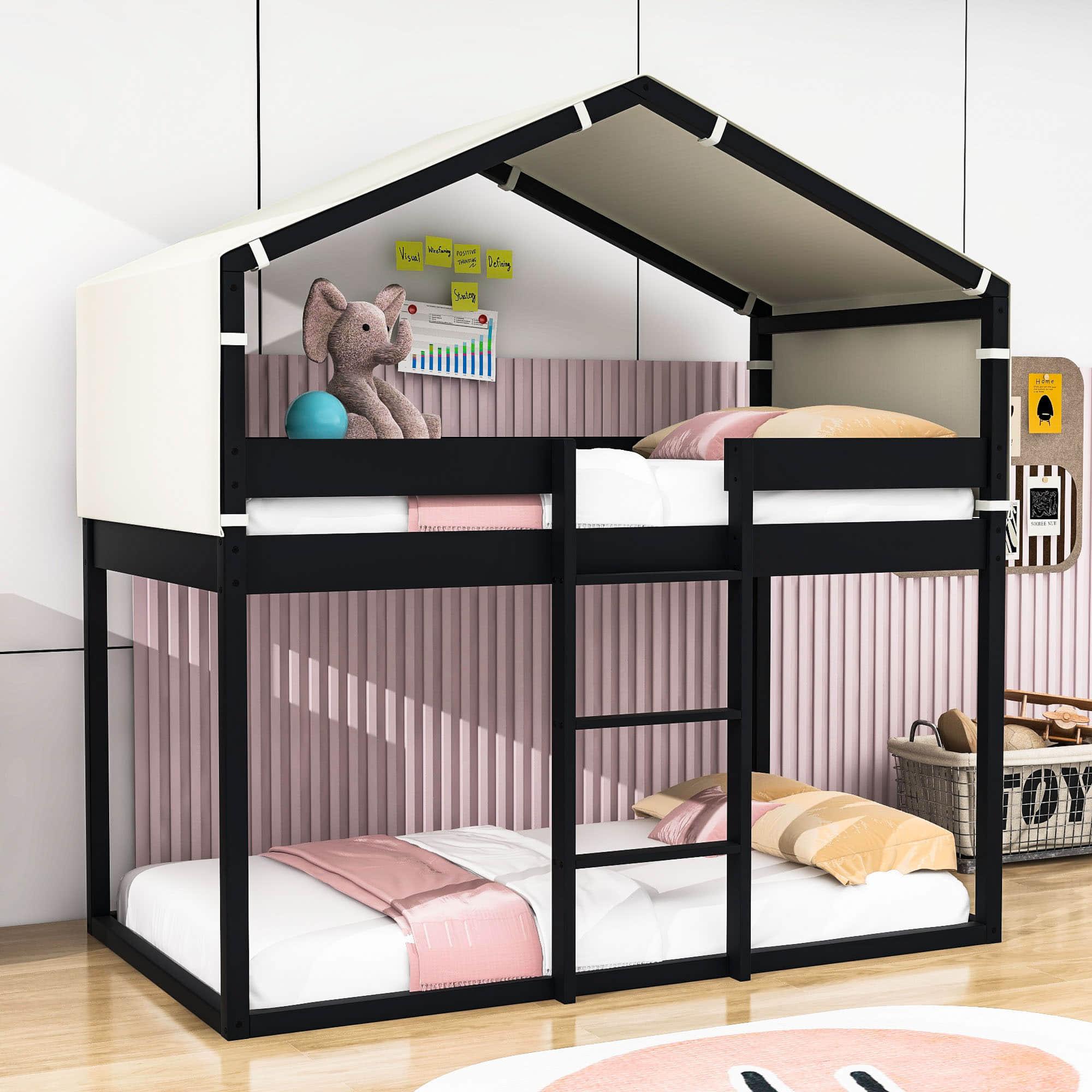 Solid Wood Low Twin Over Twin House Bunk Beds with Tent for Kids Toddler