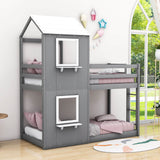 Wooden Twin Over Twin Low Bunk Beds for Kids with Fun Roof and Window