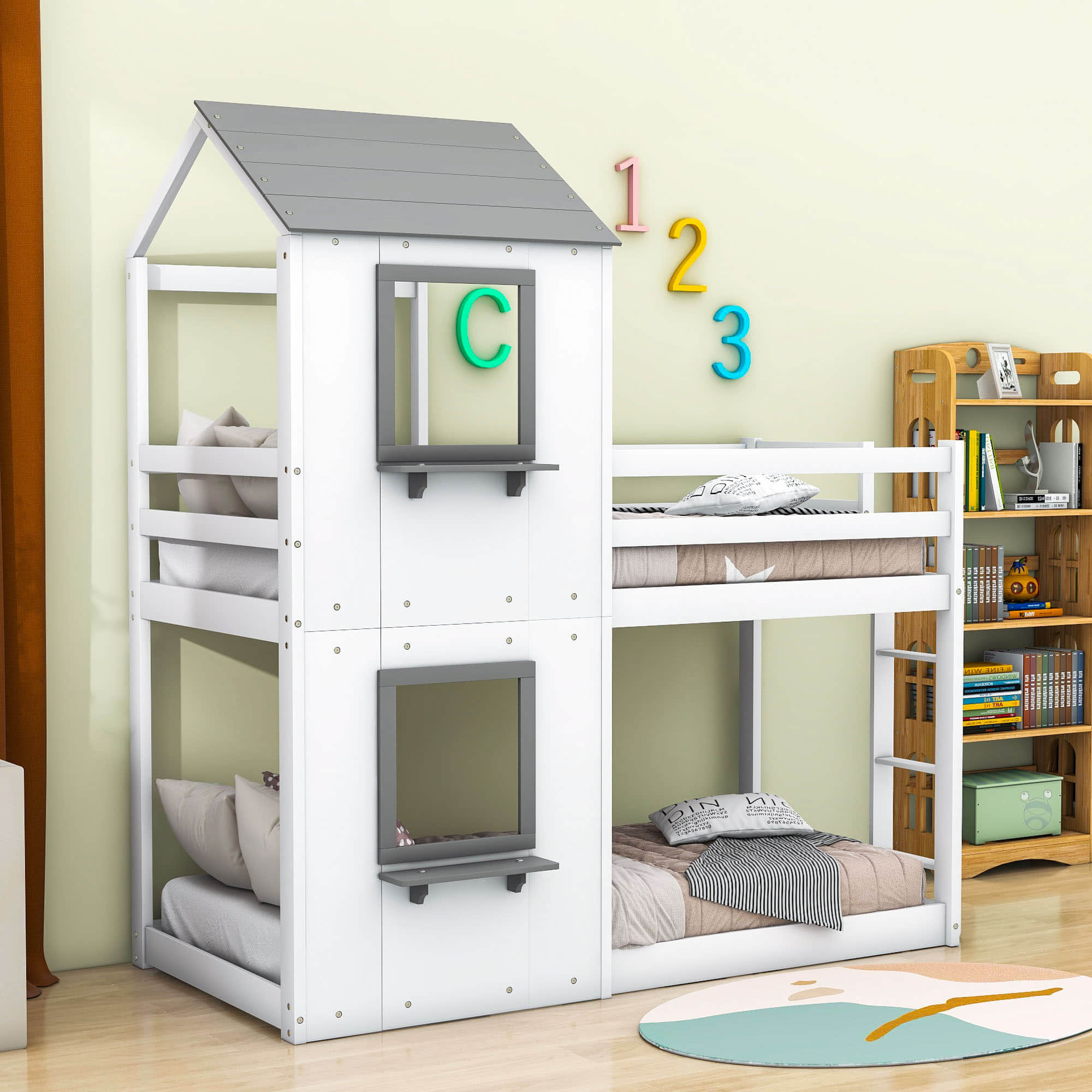 Wooden Twin Over Twin Low Bunk Beds for Kids with Fun Roof and Window