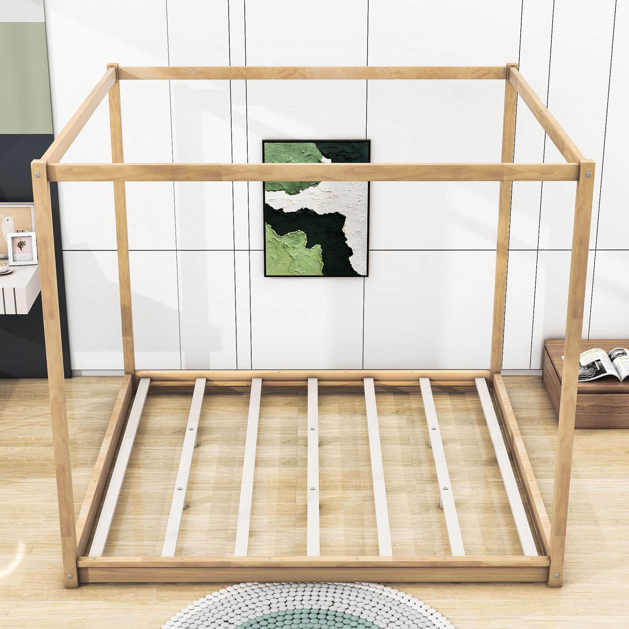 Modern Wood King Size Canopy Floor Bed Frame for Adults