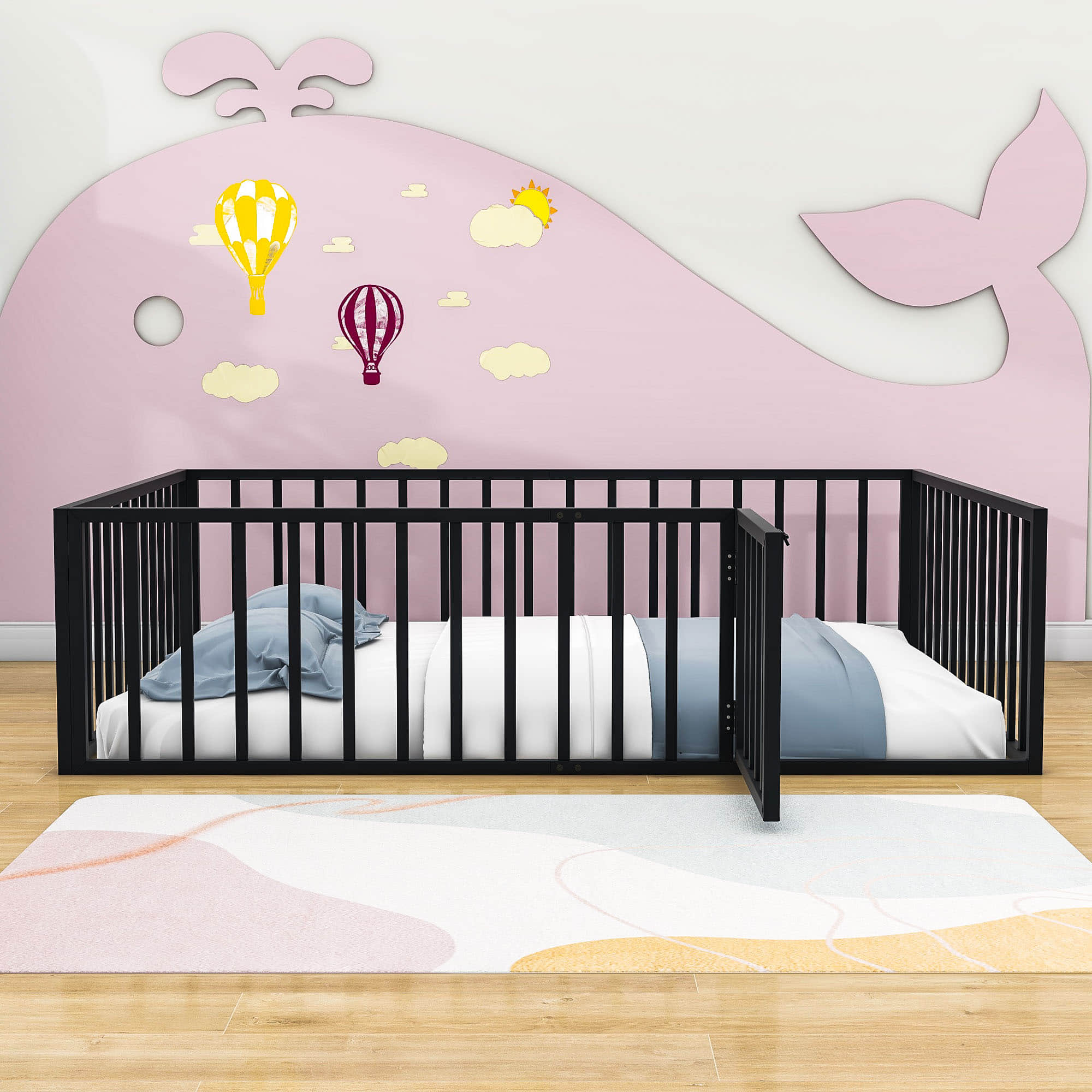 Metal Montessori Queen Toddler Floor Bed with Rails for Kids