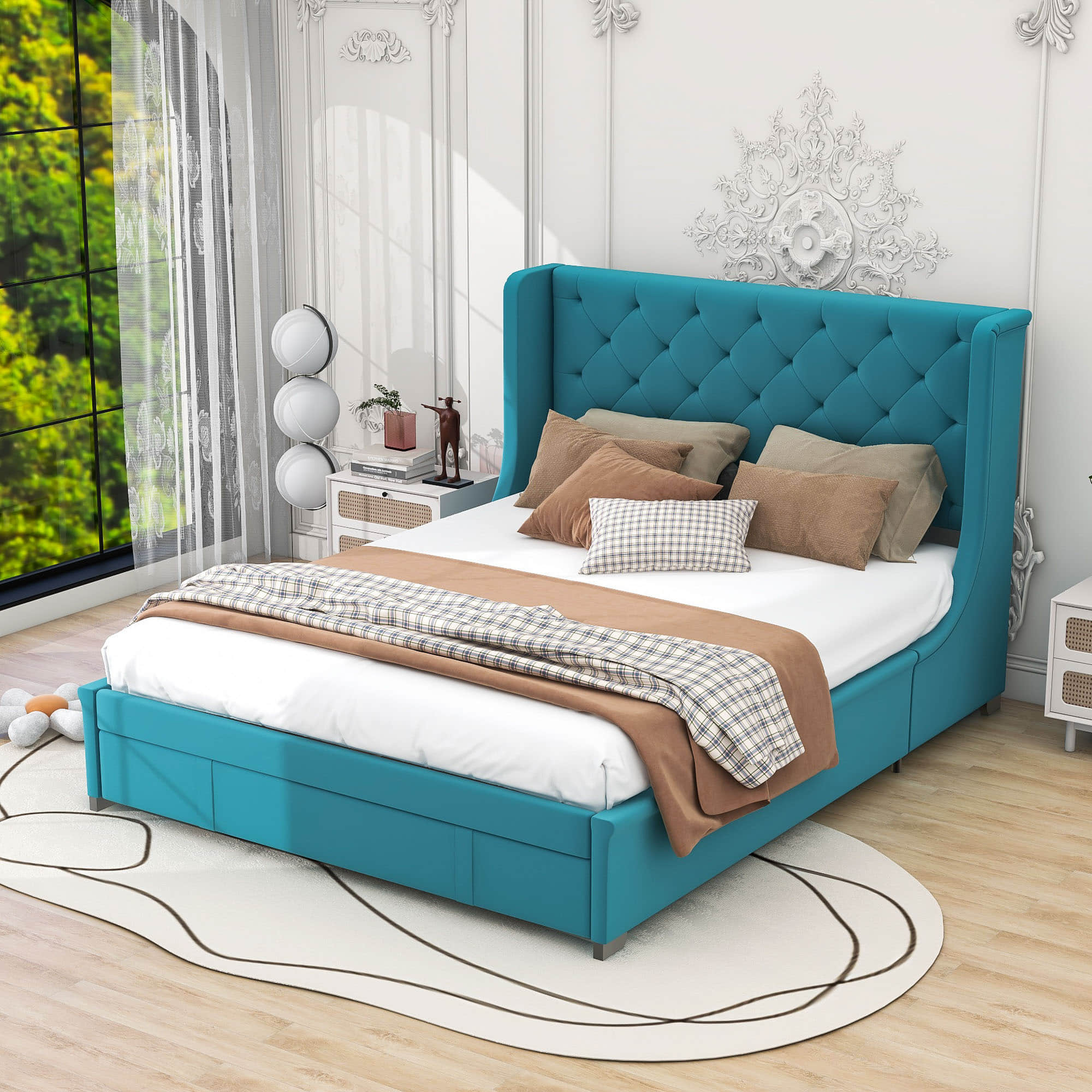 Queen Upholstered Bed Frame with Wingback Headboard and Storage