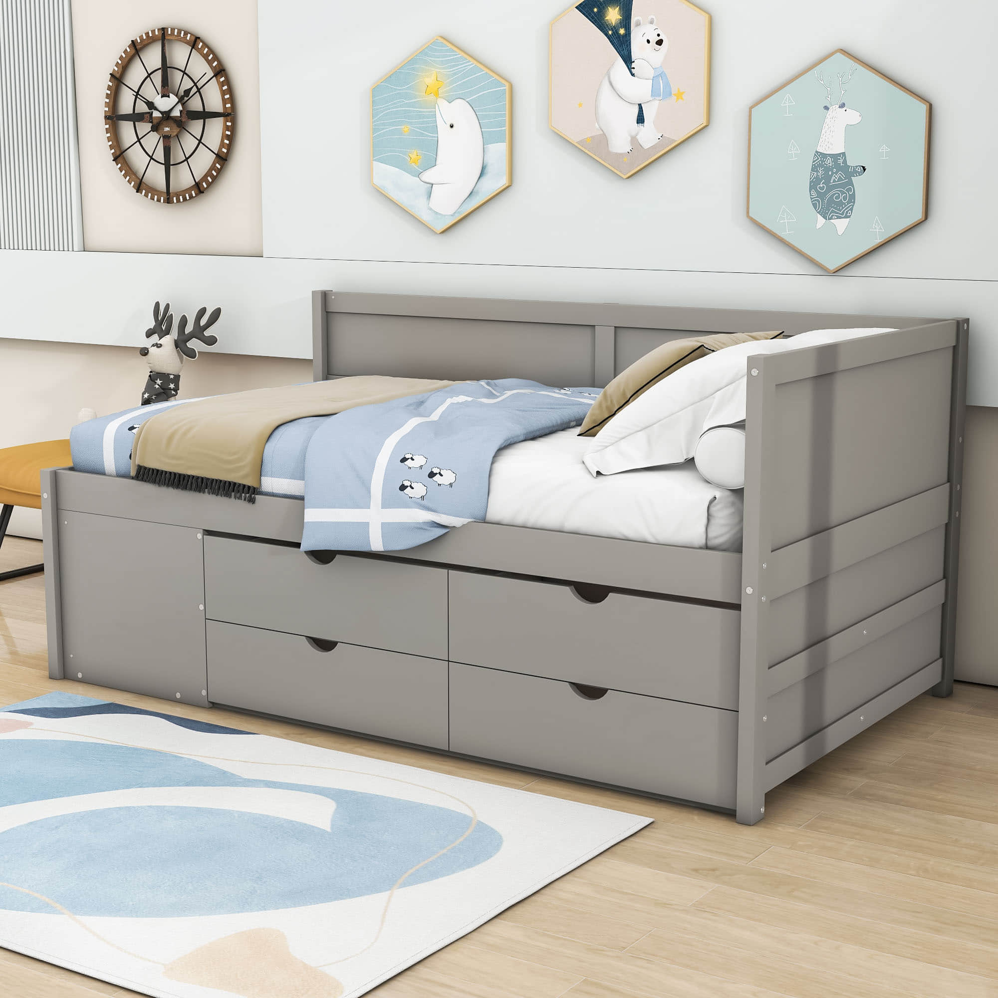 Wood Twin Daybed with Storage Drawers and Shelves for Kids