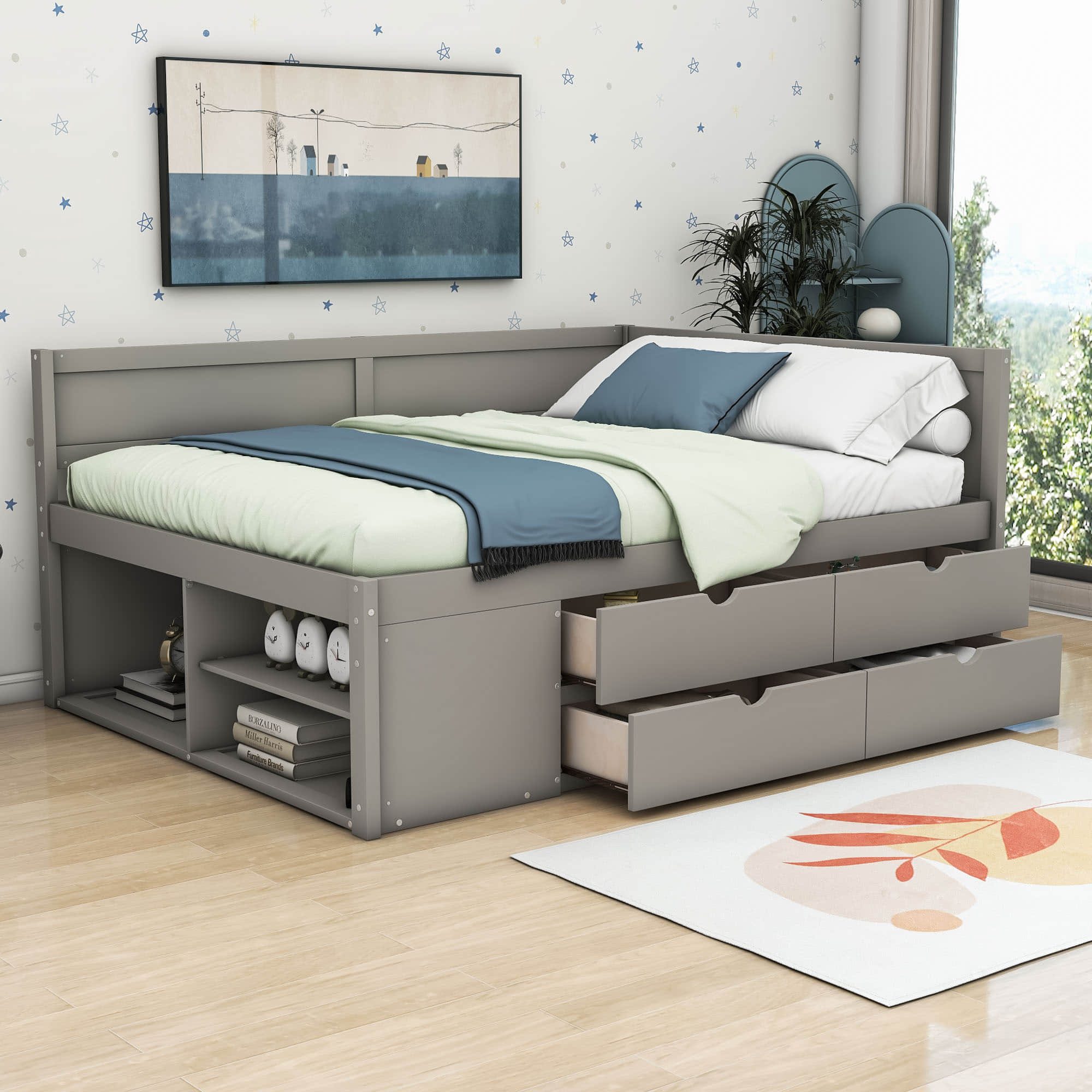 Wood Full Size Daybed with Storage Drawers and Shelves for Kids, Adults