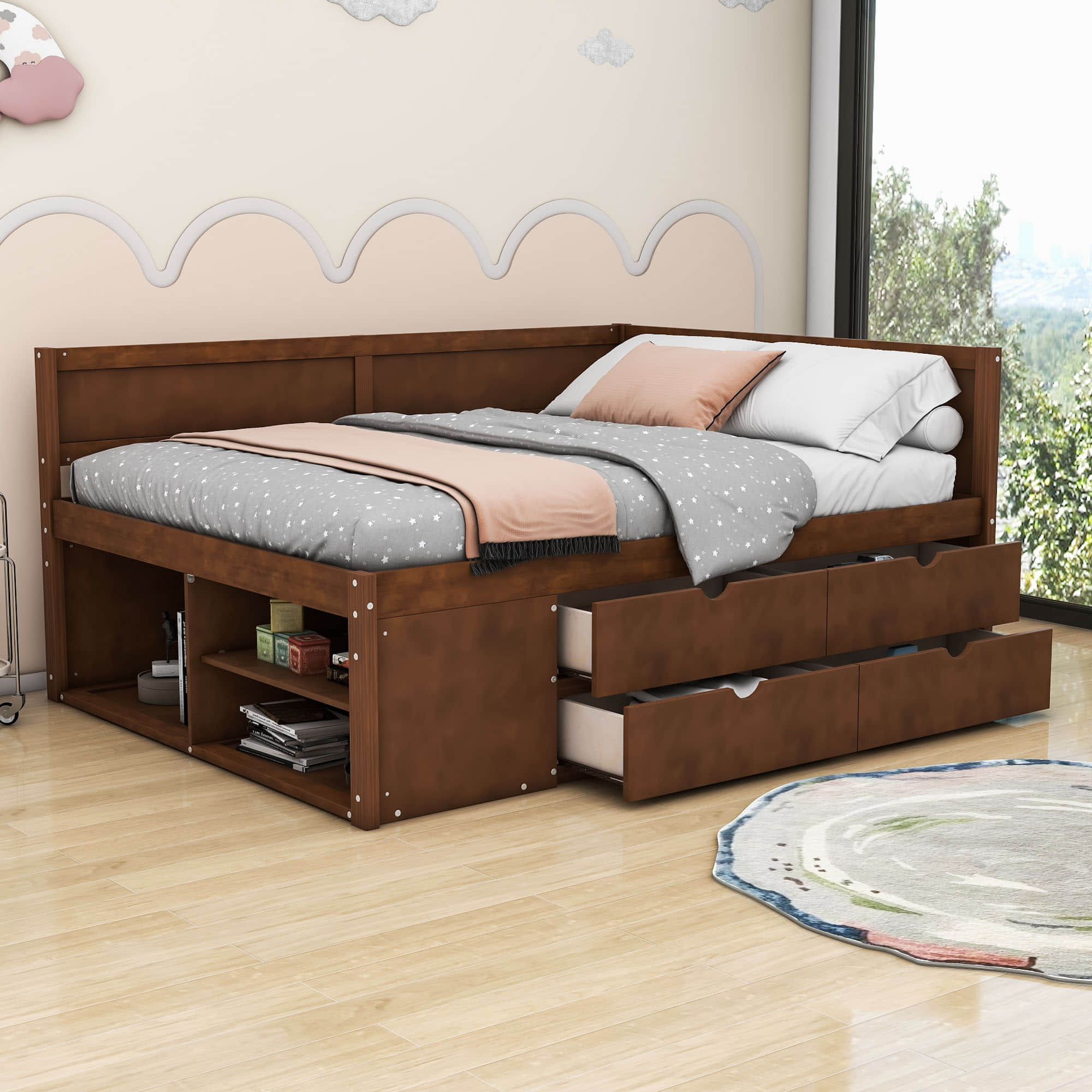 Wood Full Size Daybed with Storage Drawers and Shelves for Kids, Adults