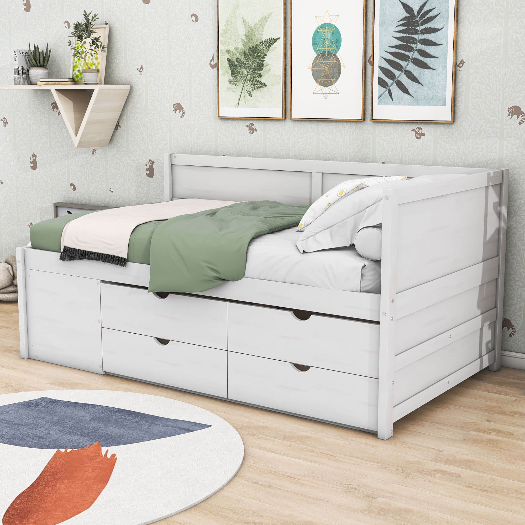 Wood Twin Daybed with Storage Drawers and Shelves for Kids