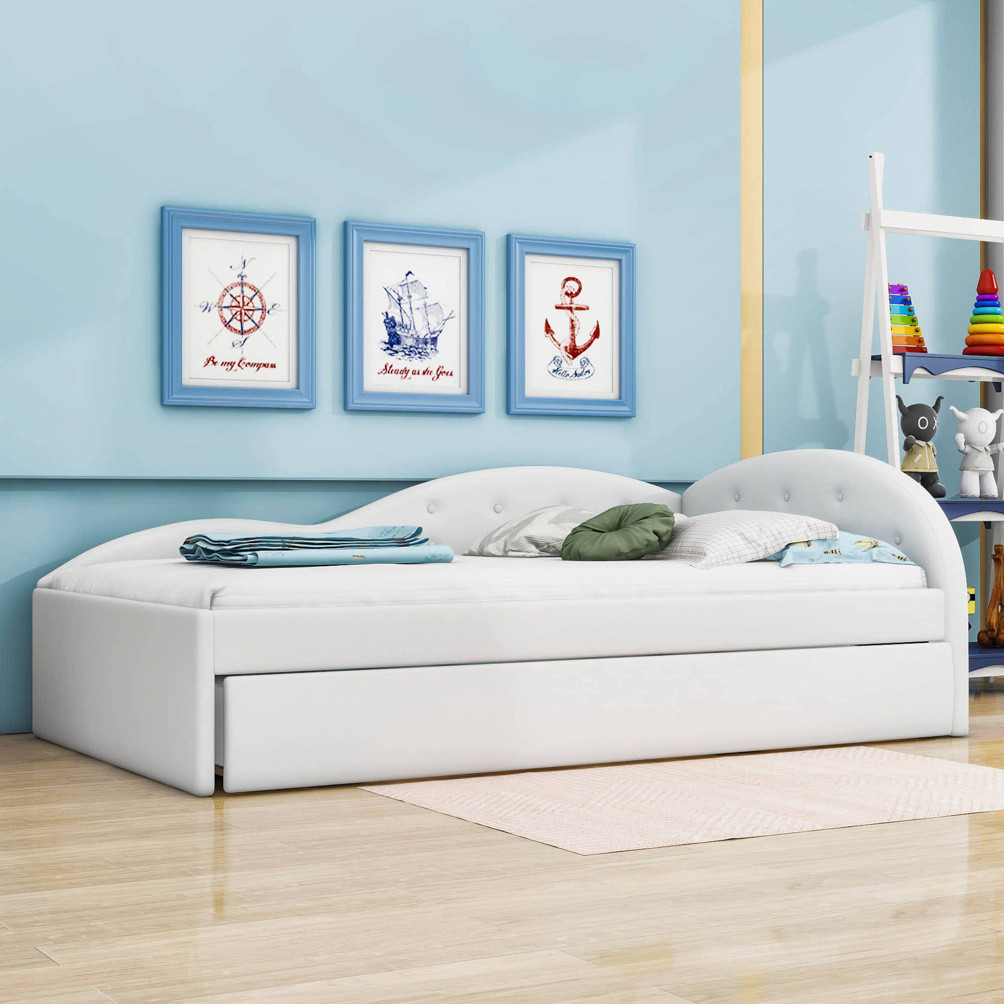 Twin PU Upholstered Kids Daybed with Trundle and Cloud-Shaped Rail