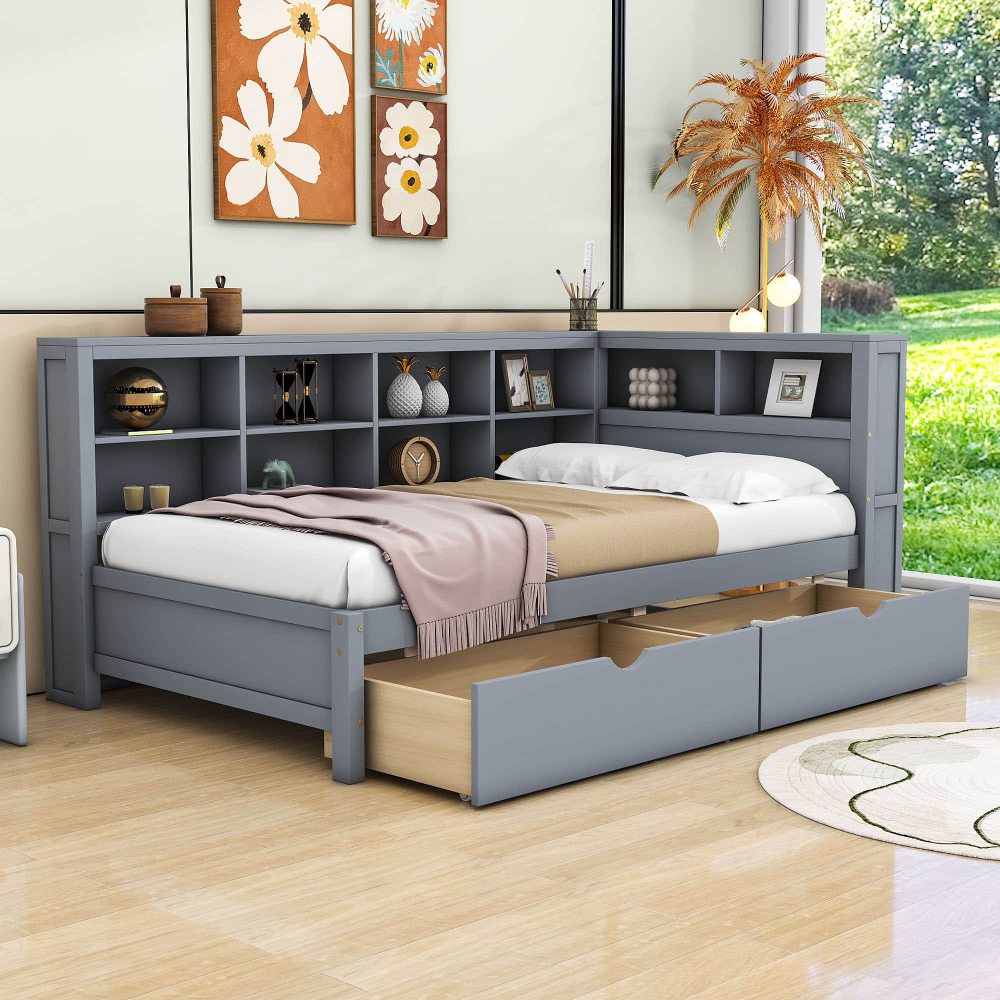 Modern Smart Kids Twin Size Daybed with Storage Drawers and Shelf