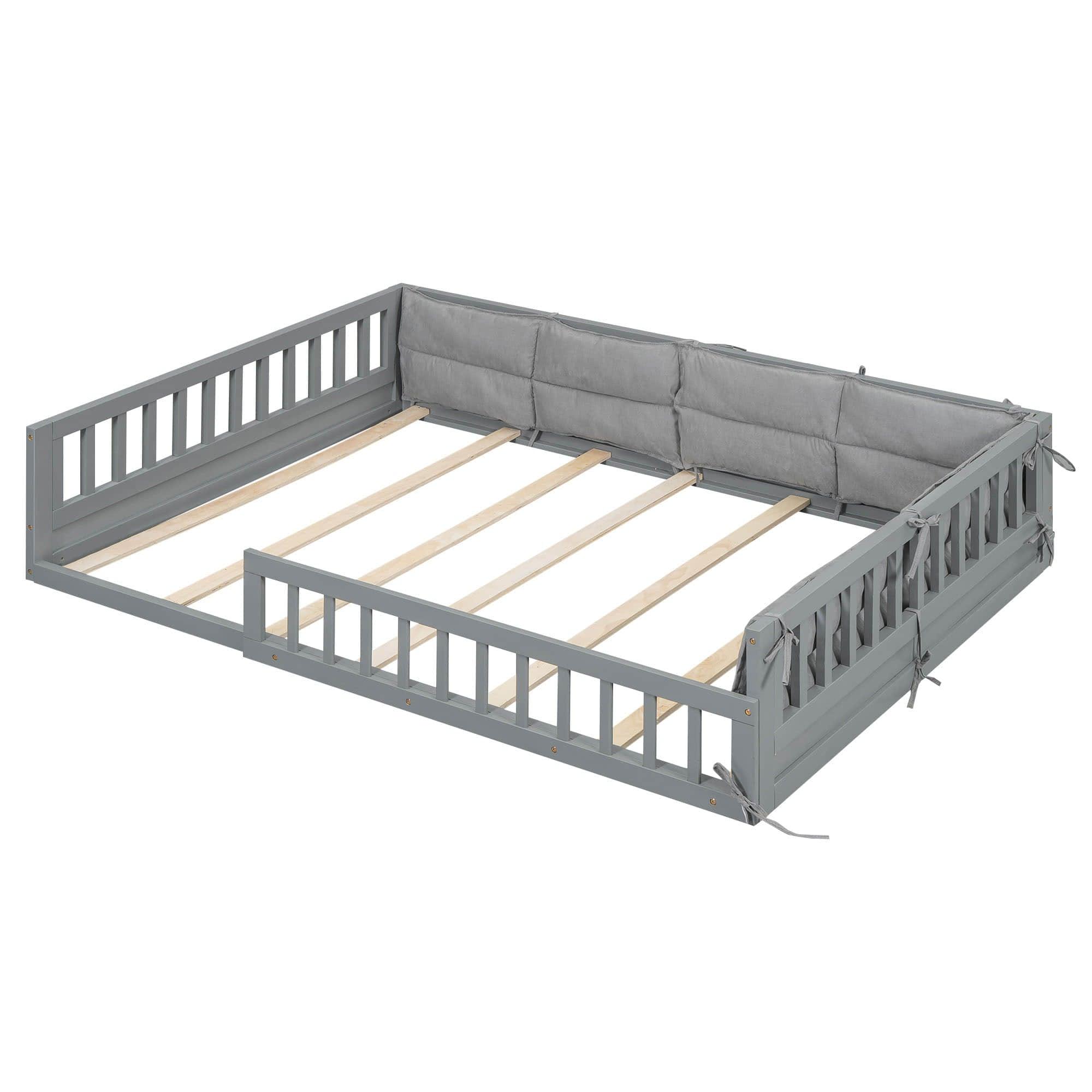 Wood & Upholstered Full Size Toddler Floor Bed with Rails and Pillow