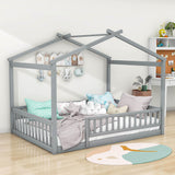 Full Size Wood House Kids Toddler Floor Bed with Rails