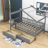 Twin Size Wood House Toddler Bed Frame with Rails and Storage