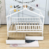 Full Size Wood House Toddler Bed Frame with Rails and Storage