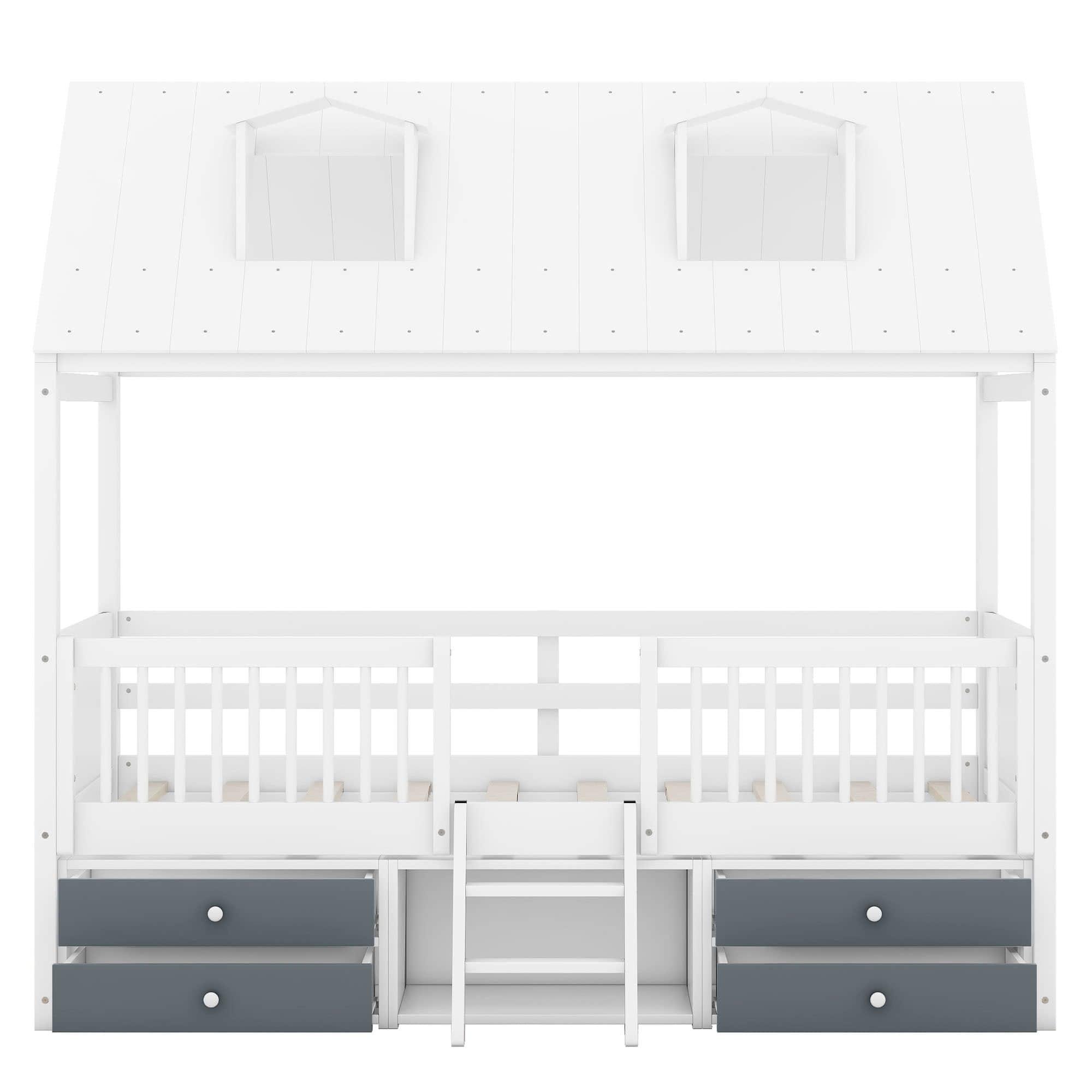 Low Twin Size Loft House Bed with Storage for Kids, Toddler - [Wooden]