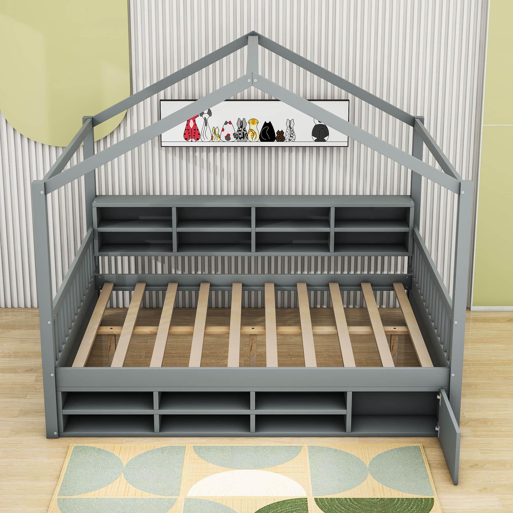 Wood Full House Kids Storage Bed Frame with Shelves and Mini-Cabinet