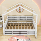 Wood Full House Kids Storage Bed Frame with Shelves and Mini-Cabinet