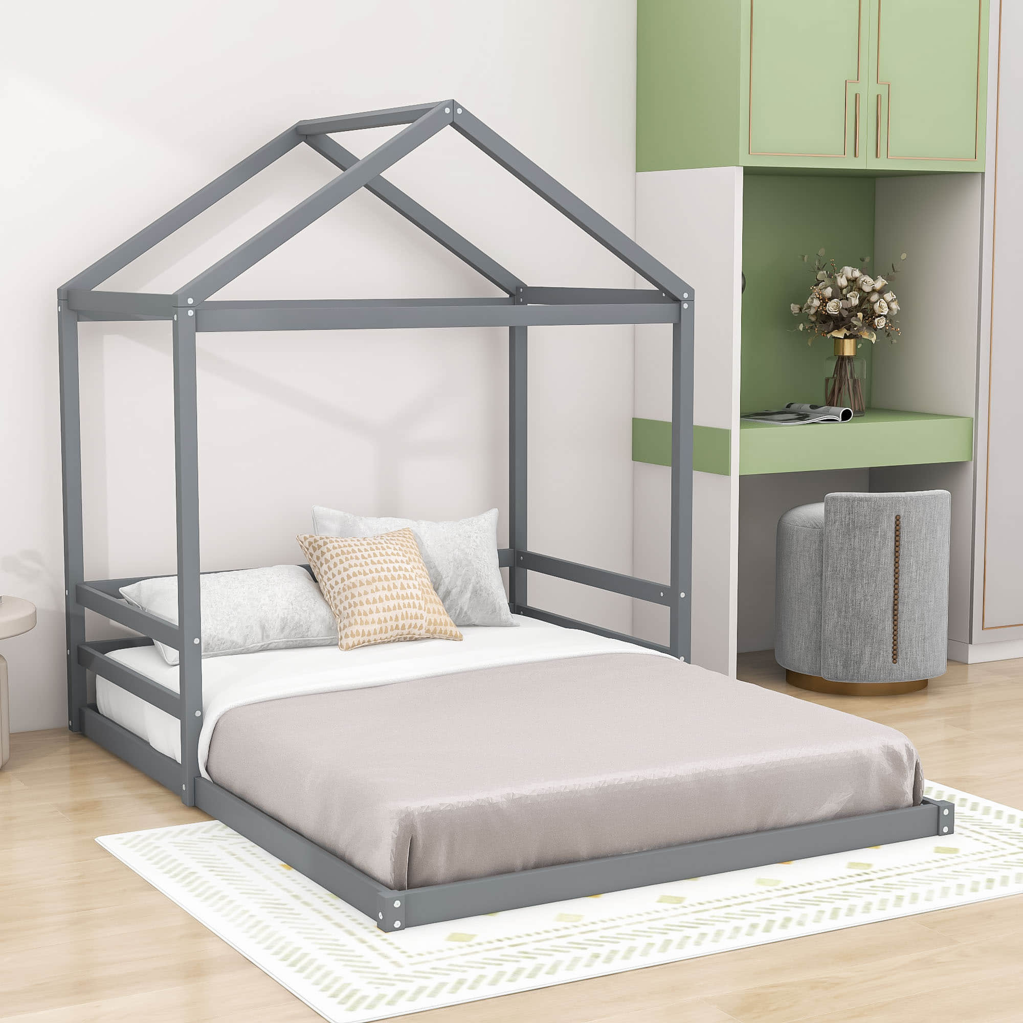 Wood House-Shaped Full Size Toddler Floor Bed with Rails