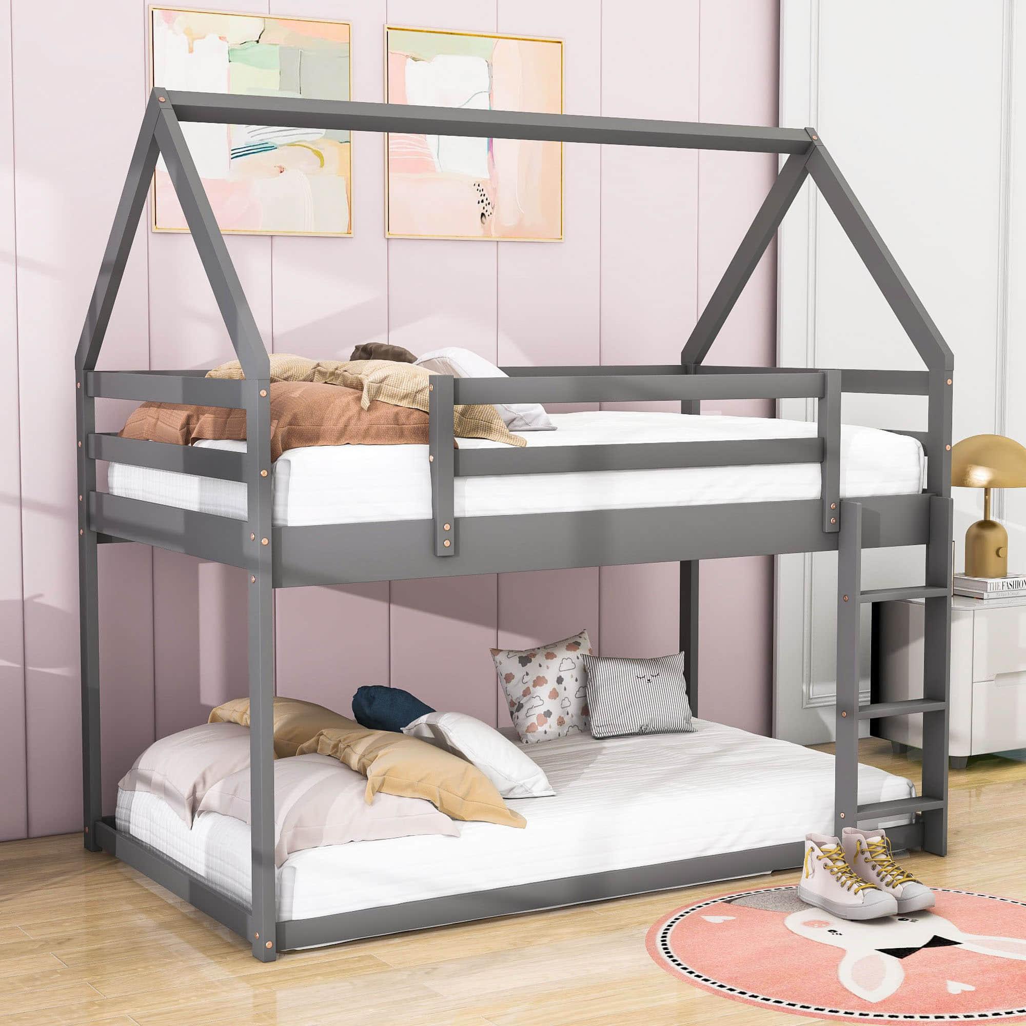 Montessori Wood House Twin over Twin Loft Bunk Bed for Kids, Toddler - [Low]