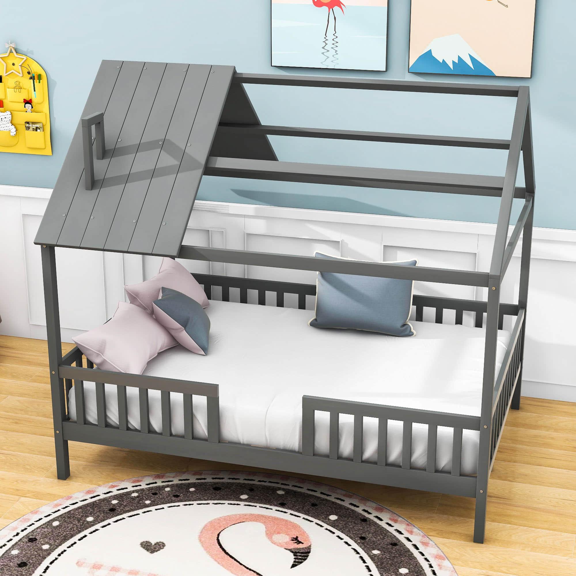 Full Wooden Kids Low Montessori Farmhouse Bed Frame with Rails