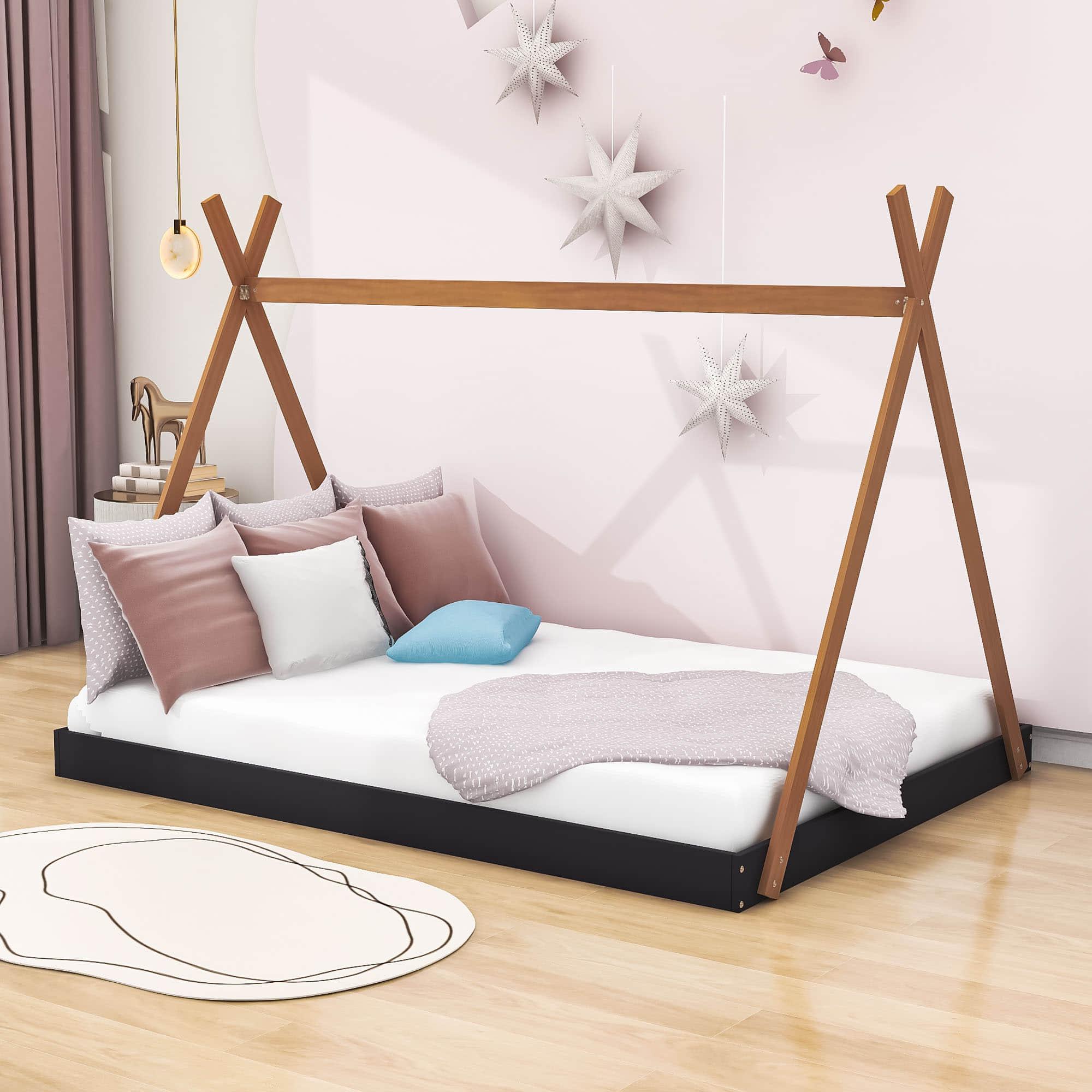 Kids Full Size Tepee Floor Bed for Toddler - [Montessori, Wooden]