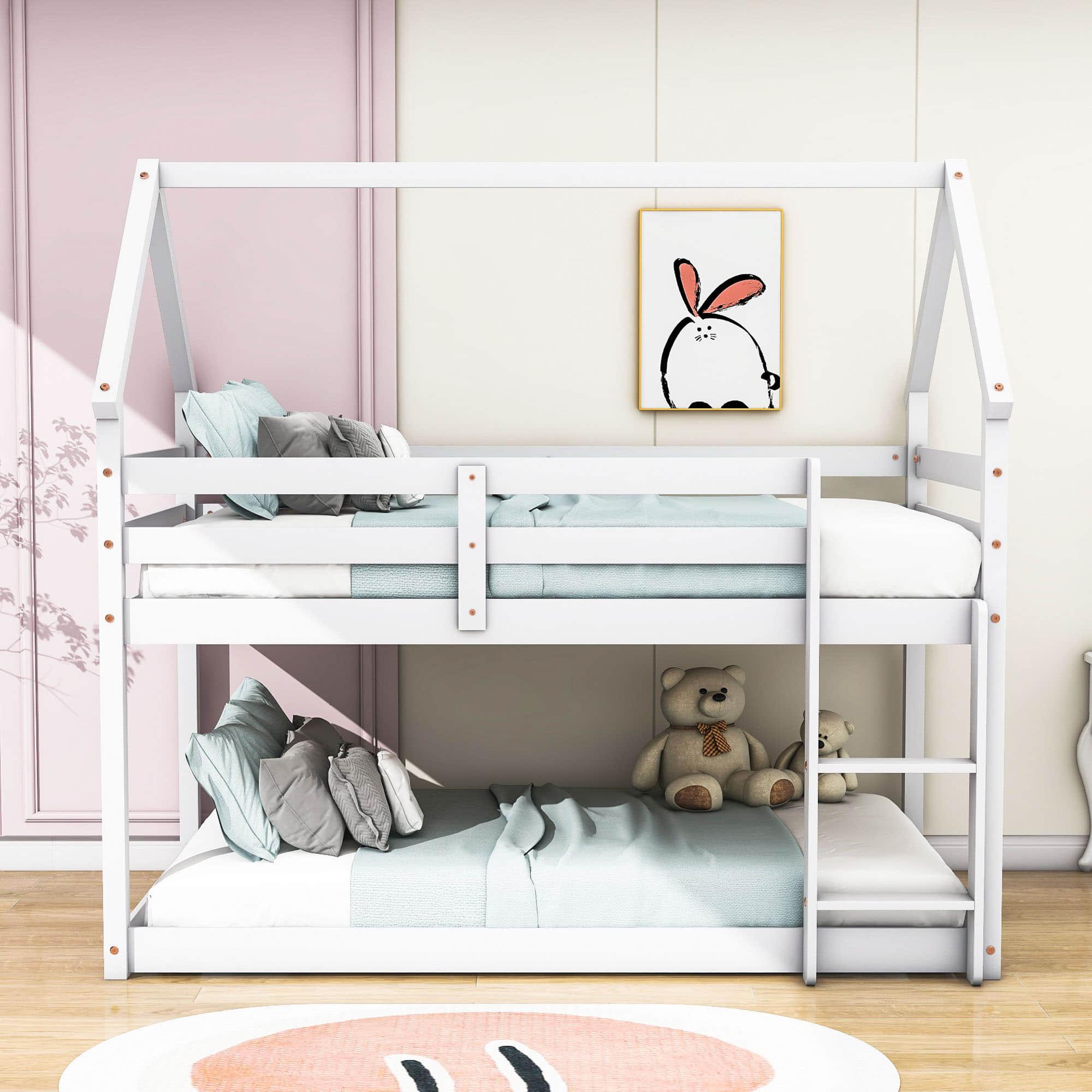 Small Low Twin Over Twin House Floor Bunk Beds for Kids, Toddler