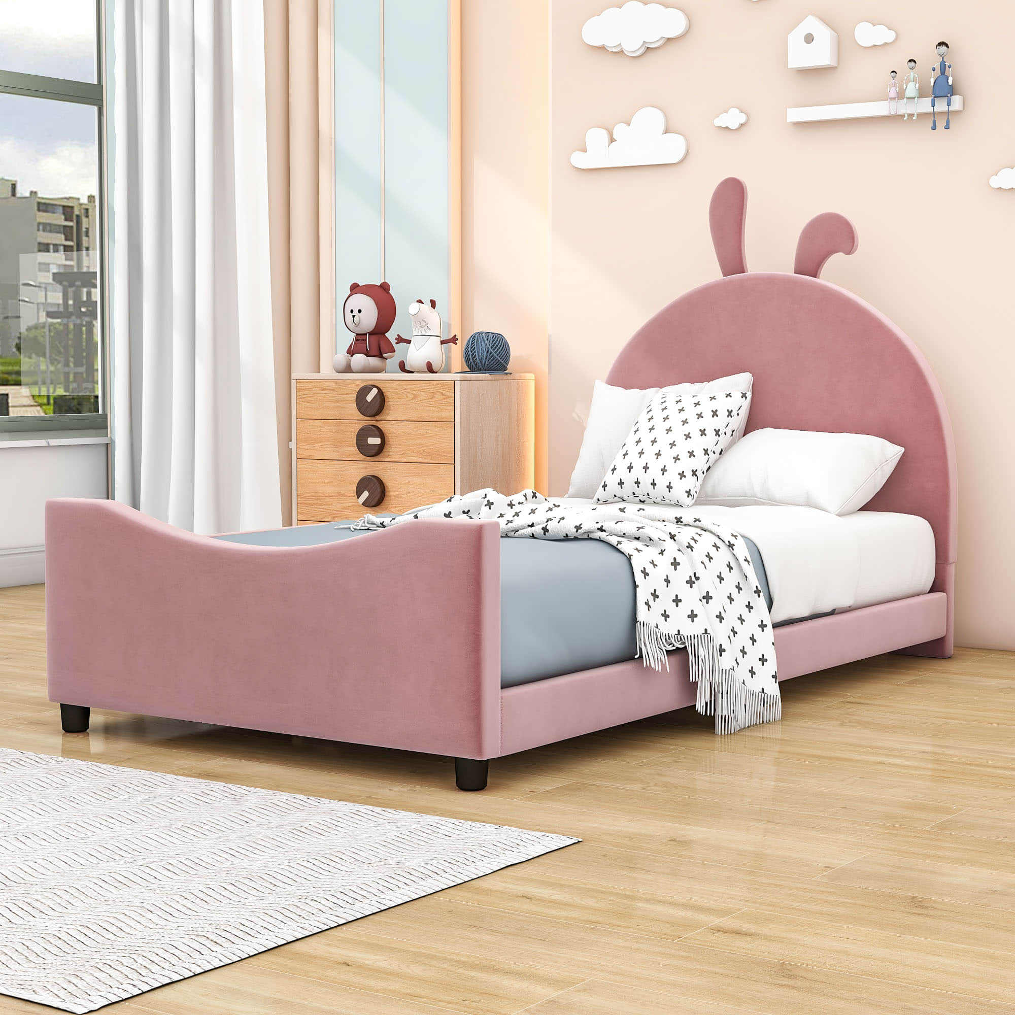 Cute Twin Size Low Profile Upholstered Toddler Bed with Rails