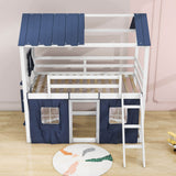 Low Twin Over Twin House Loft Bunk Beds for Kids with Curtains - [Floor]