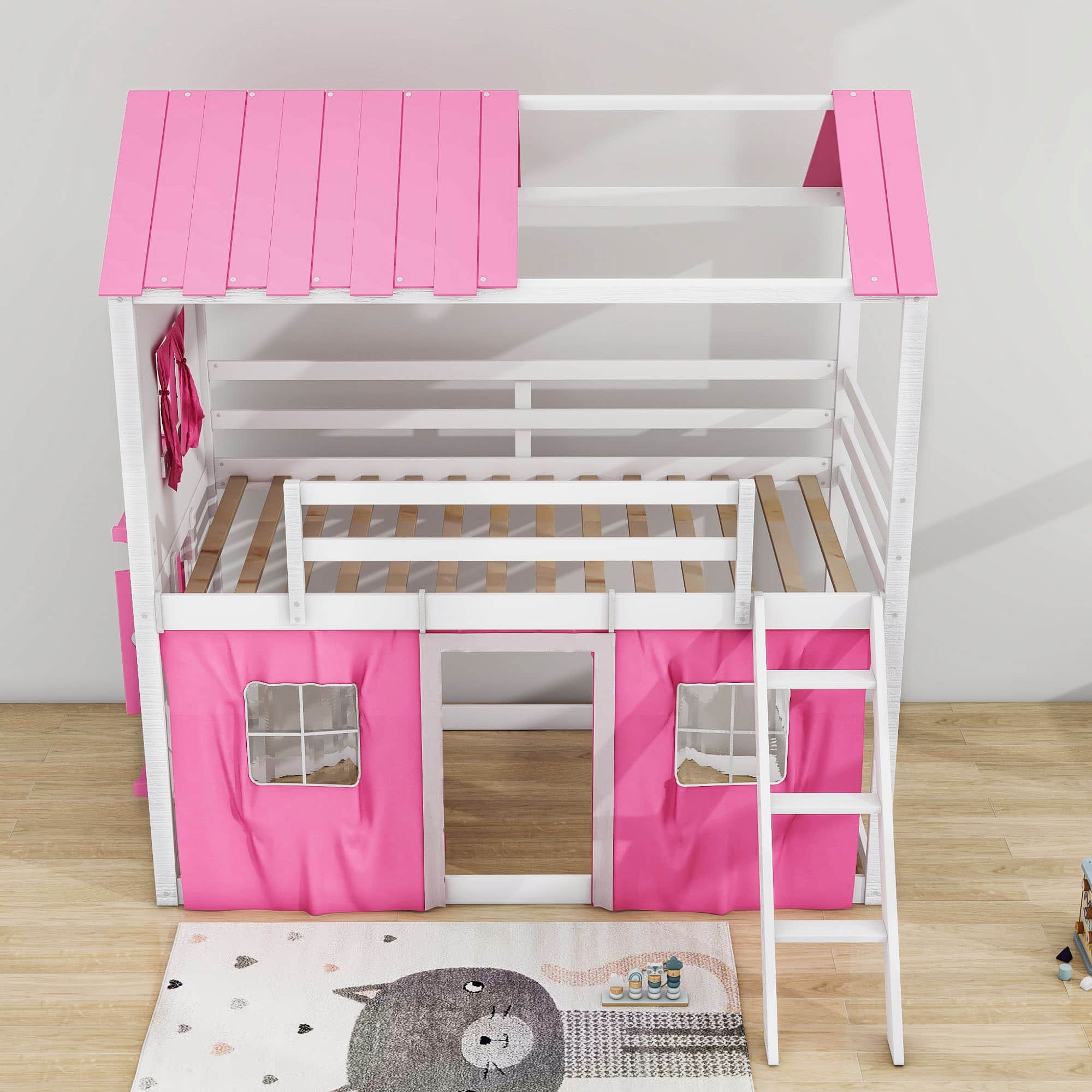 Low Twin Over Twin House Loft Bunk Beds for Kids with Curtains - [Floor]