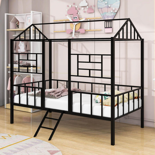 Metal Twin Low House Bed Frame for Kids, Toddler