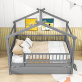 Wooden Full Size House Bed Frame with Twin Trundle for Kids, Toddler