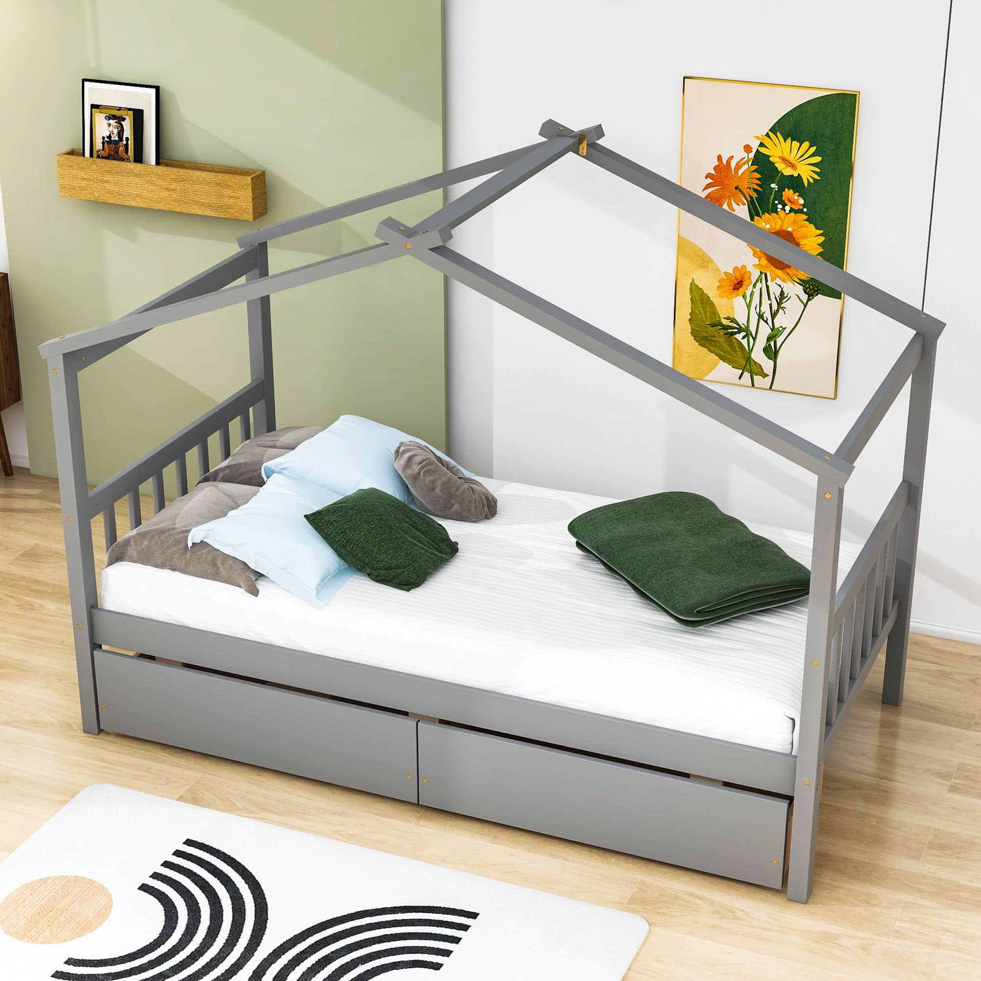 Kids Low Wooden House Bed with Storage and Headboard - [Drawers, Footboard]