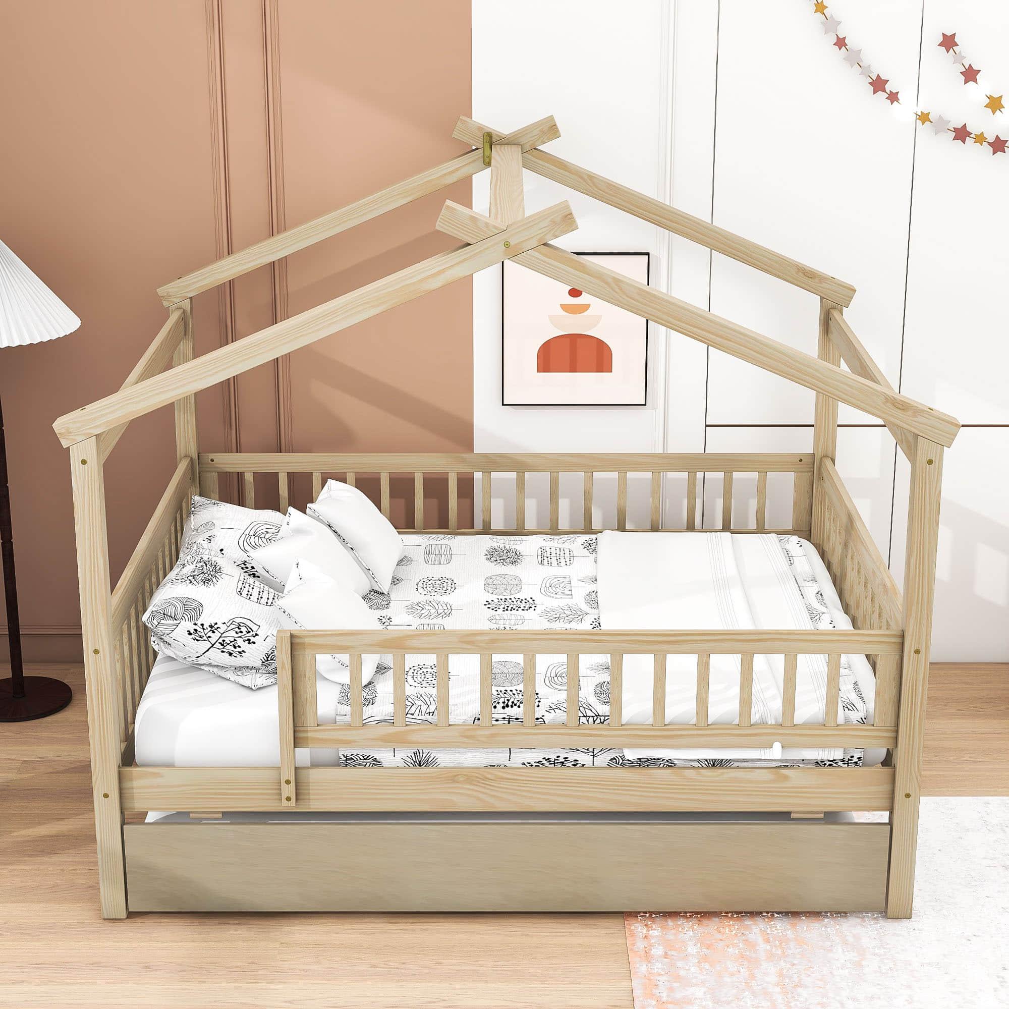 Wooden Full Size House Bed Frame with Twin Trundle for Kids, Toddler