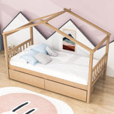 Kids Low Wooden House Bed with Storage and Headboard - [Drawers, Footboard]