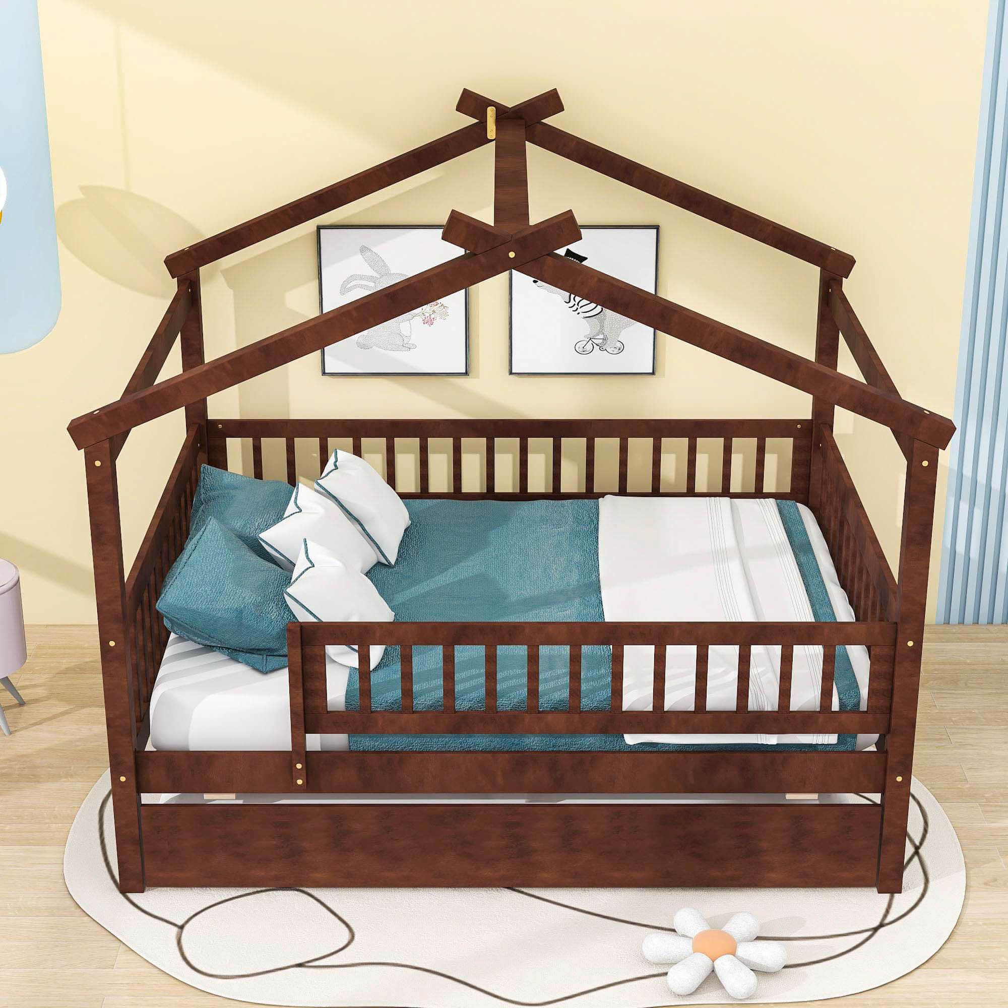 Wooden Full Size House Bed Frame with Twin Trundle for Kids, Toddler