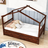 Kids Low Wooden House Bed with Storage and Headboard - [Drawers, Footboard]