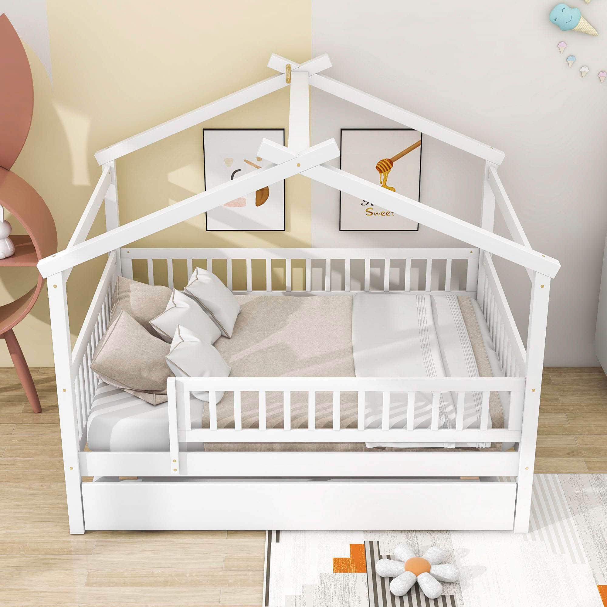 Wooden Full Size House Bed Frame with Twin Trundle for Kids, Toddler