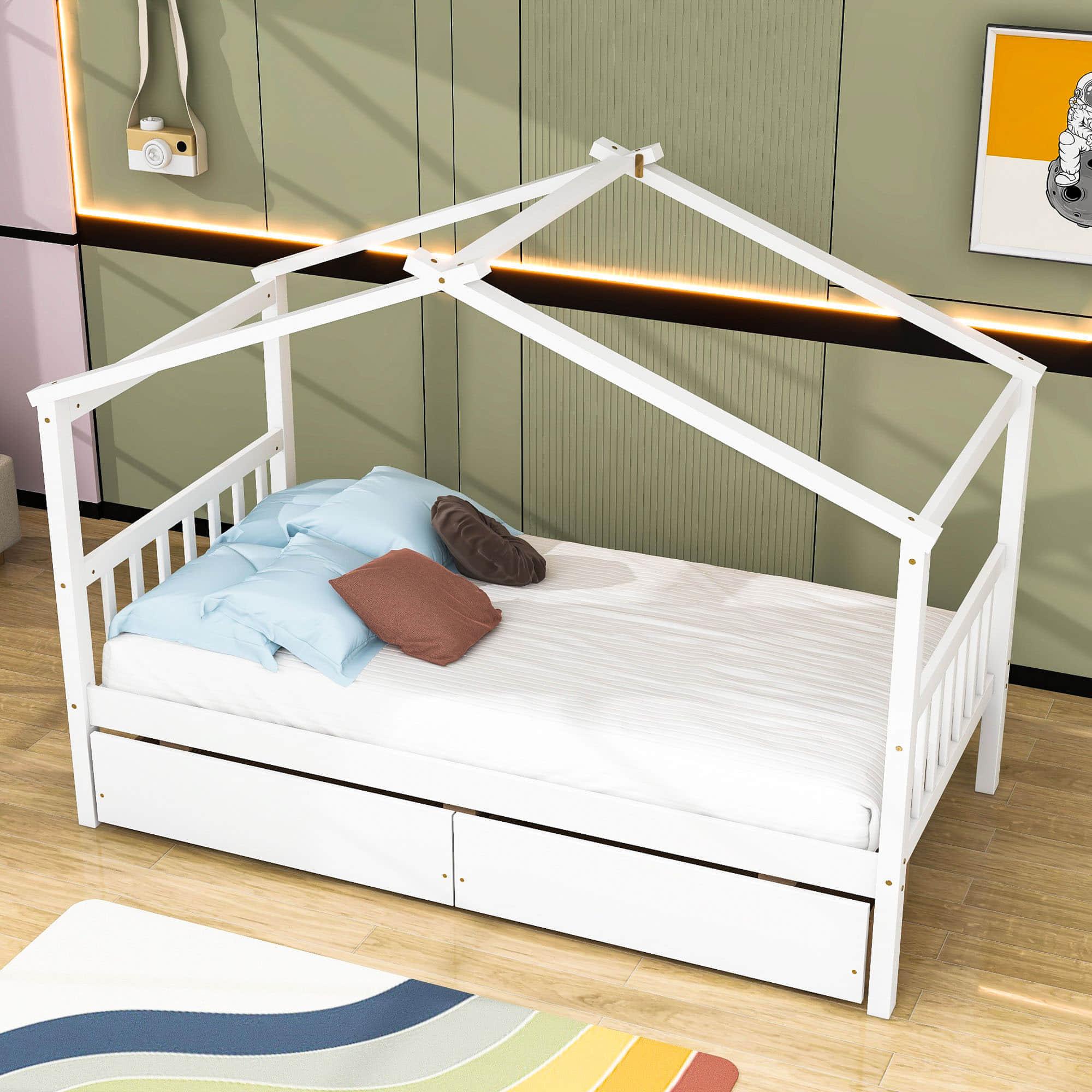 Kids Low Wooden House Bed with Storage and Headboard - [Drawers, Footboard]