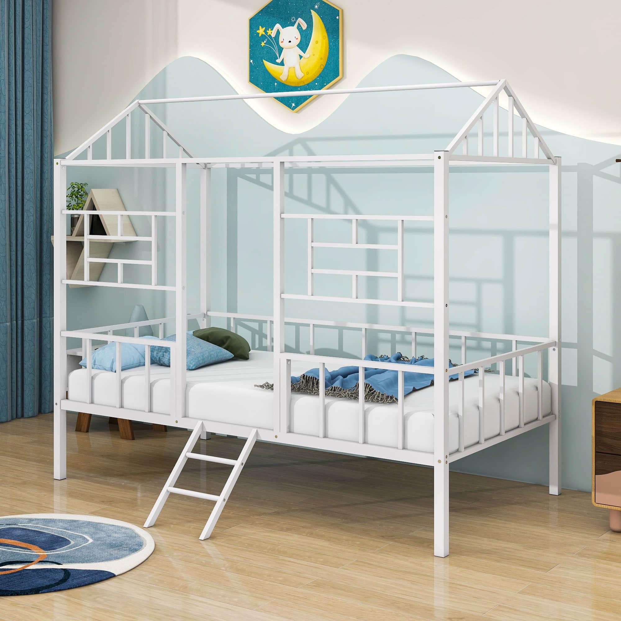 Metal Twin Low House Bed Frame for Kids, Toddler